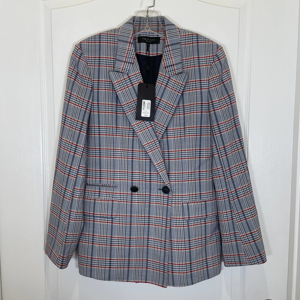 Rag & Bone Elise Wool Check Blazer Jacket Gray Blue Red White Plaid NWT 8 - Picture 2 of 8